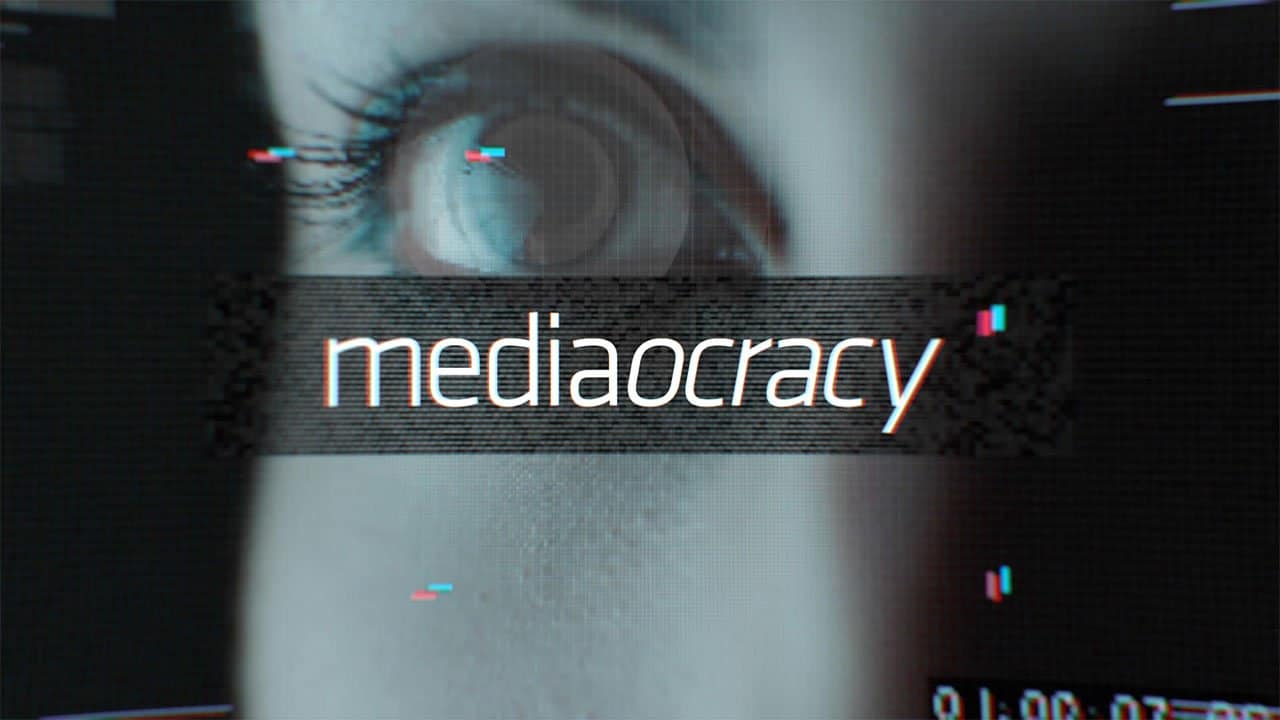 Mediaocracy hero image of an eye with graphic overlay textures