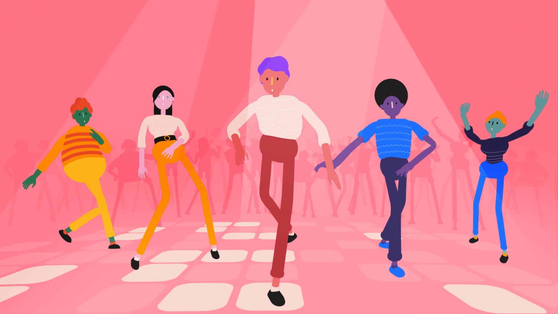 Hero frame of character animations dancing on pink background
